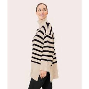 Masai Copenhagen Knit Turtleneck Sweater Large Beige Black Stripes